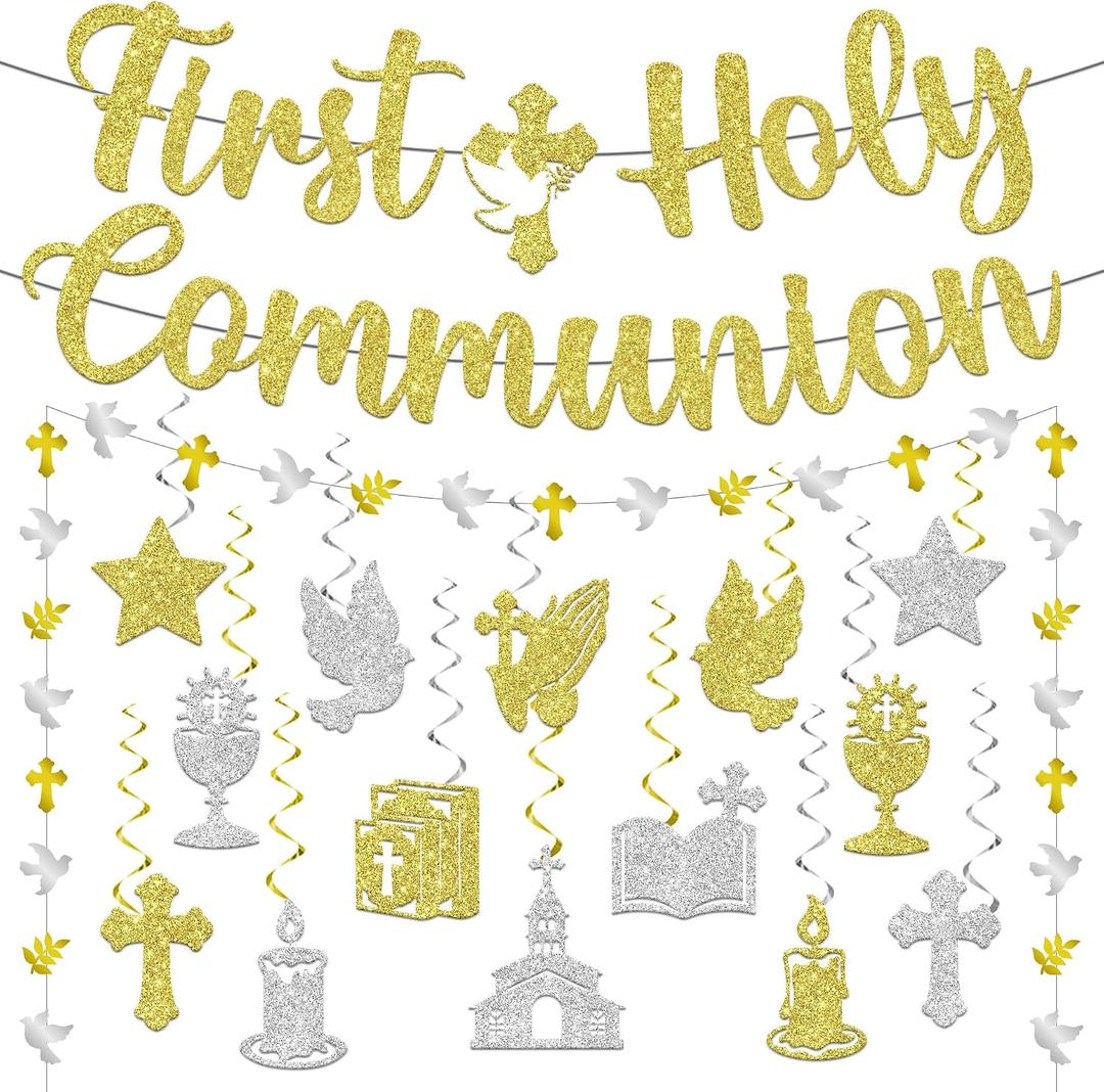 First Communion Decorations, 1st communion decorations includes First Holy Communion Banner Cross Garland and Hanging Swirls, for Boy Girl My Baptism Mi Primera Comunion Decoration