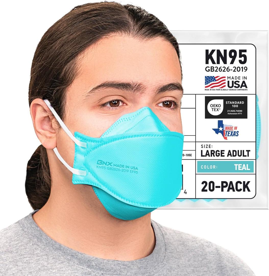 BNX 20-Pack KN95 Face Masks, Disposable Particulate KN95 Mask Made in USA, Tri-Fold Cup/Fish Style