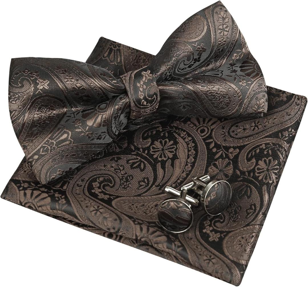 3 x Alizeal Mens Paisley Bow Tie, Pocket Square, Cufflinks Set (Brown)