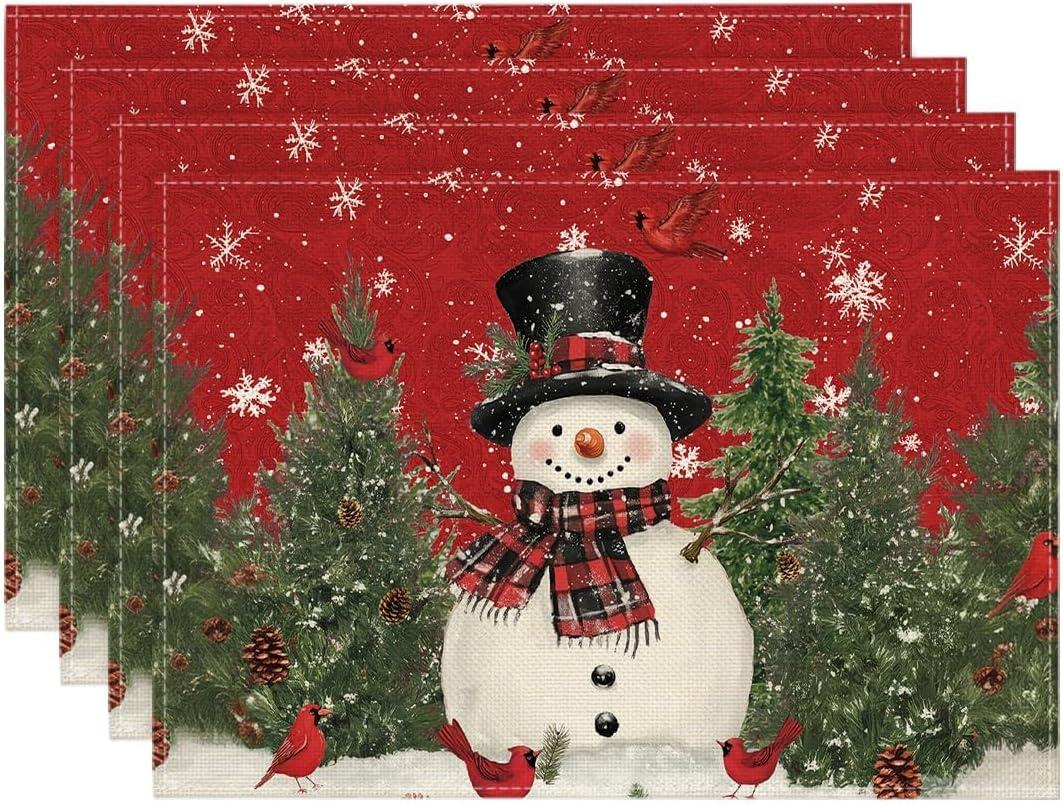 Artoid Mode Snowman Cardinals Trees Christmas Placemats for Dining Table, 12 x 18 Inch Seasonal Winter Birds Xmas Holiday Rustic Vintage Thanksgiving Washable Table Mats Set of 4 (Red)