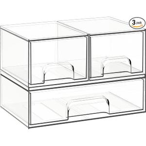 Criusia Stackable Storage Drawers, 3 Pack Clear Acrylic Makeup & Bathroom Organizer, Versatile Storage Bins for Vanity, Under Sink, Kitchen Cabinets & Pantry