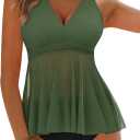 Women's Tankini Sets Tummy Control Flowy Mesh Top Full Coverage Bottom V Neck Two Piece Swimsuits (Green, L)