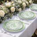 Hushee 60 Pcs Green Plastic Plates Set for Wedding Party Guests Green and White Floral Pattern Dish 10.25" Dinner 7.5" Dessert Plates Disposable for Banquet Dinner Bridal Shower