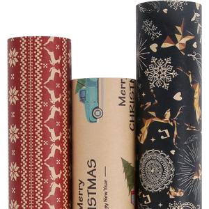 2 x Aimyoo Kraft Christmas Wrapping Paper Set, Vintage Red Black Xmas Gift Wrap Paper Rolls, Deers Snowflakes Merry Christmas Tree Truck Design, 17 in x 10 ft per Roll