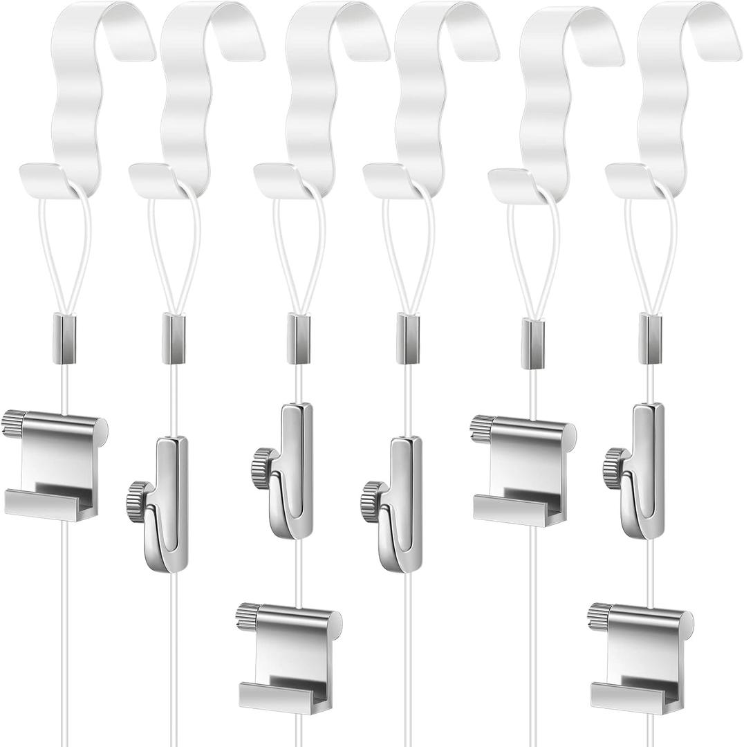 Dunzy 5 Pcs Picture Rail Hanging System Kit Picture Rail Hooks Molding Hangers with Invisible Nylon Cord and Adjustable Hooks for Exhibition, Art Gallery Supplies, White