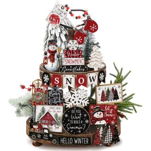 1 Set of Holiday Tiered Tray Decor Christmas Tiered Tray Decorations Set Truck Wooden Signs Farmhouse Table Decorations for Home Table Shelf (Winter Buffalo Plaid)