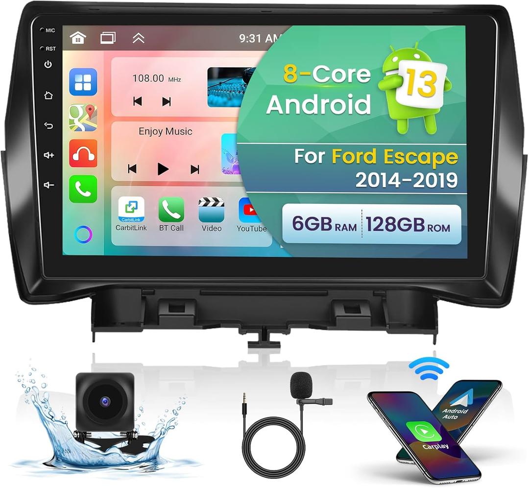 [8 Cores 6+128G] Android Radio for Ford Escape 2014-2019, 9'' HD Touchscreen for Escape with CarPlay Android Auto, 5GHz WiFi, Bluetooth 5.0, 32EQ, 1280 * 720, GPS Navigation + Backup Camera