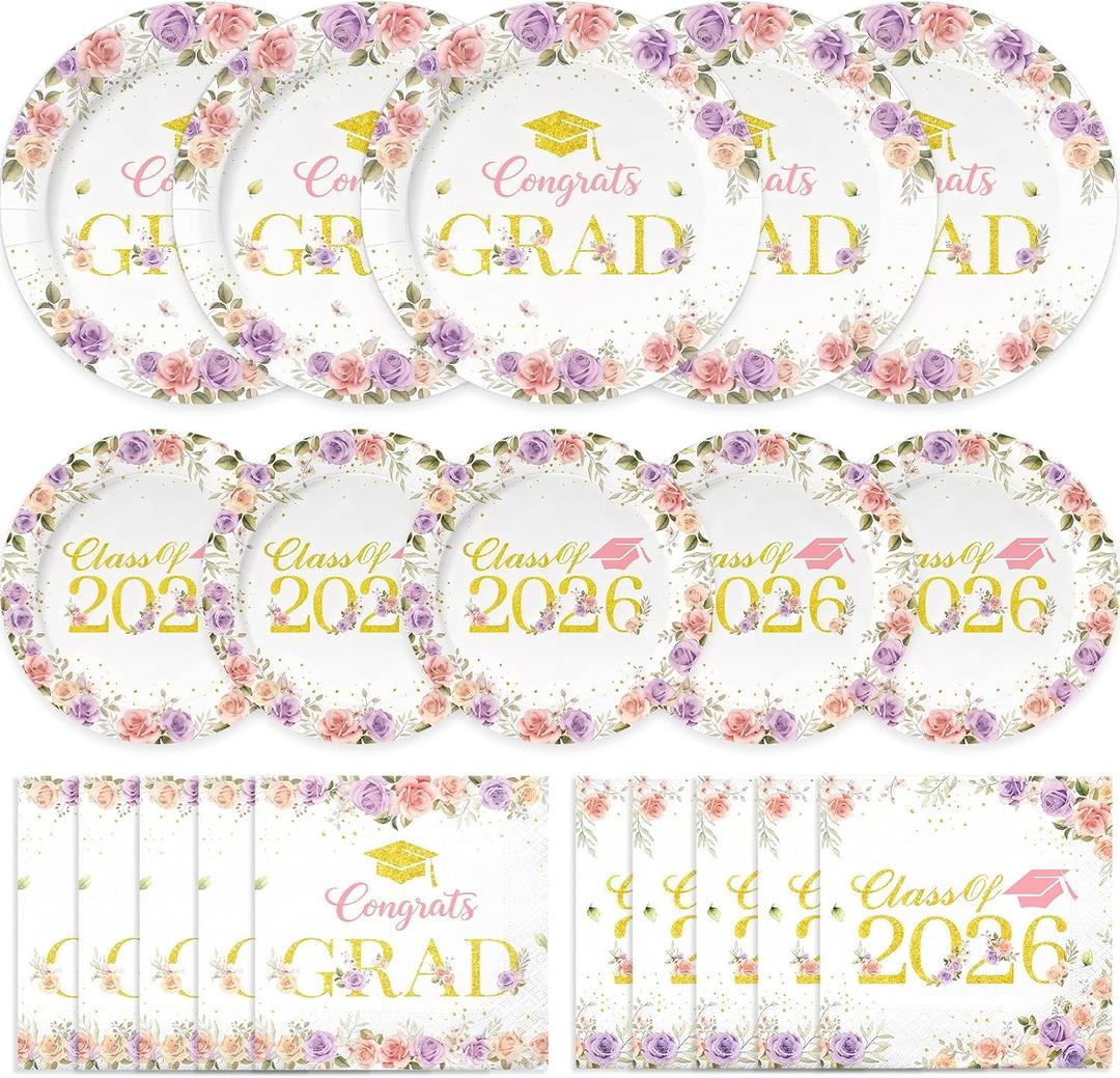 Class of 2026 Graduation Plates and Napkins, 200Pcs Floral Pink Gold Disposable Tableware Set, Congrats Grad Party Supplies for 50 Guests, Dinner & Dessert Plates, Small , Large