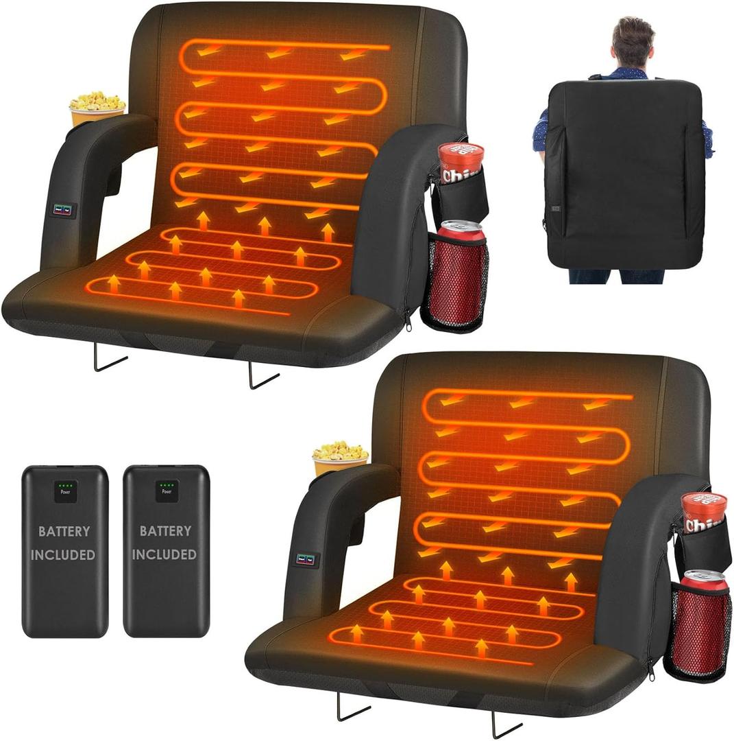 HOPERAN Dual-Sided Heated Stadium Seats for Bleachers with Back Support, 20000mAh Power Bank Included Stadium Chair, 3 Levels Heating Stadium Seating for Bleachers Seat with Backrest (25", Black-2pc)