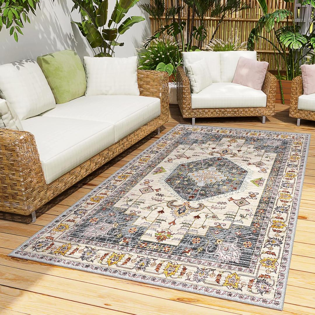 HappyTrends 8x10 Boho Indoor-Outdoor Area Rug Large Non Slip Washable Outside Rug Bohemian Vintage Outdoor Carpet for Living Room Bedroom Backyard Deck Patio RV Dorm Kitchen Brown
