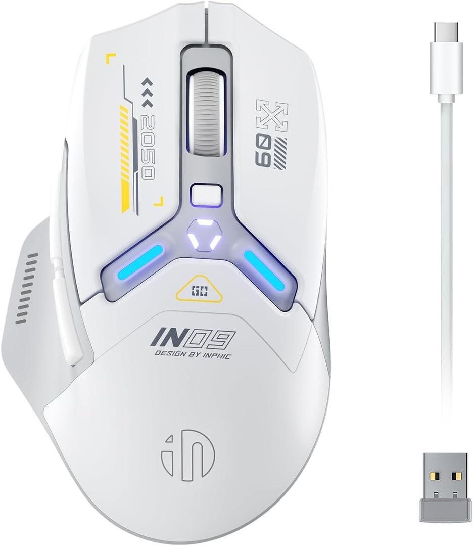 INPHIC IN9 Wireless Gaming Mouse, True Tri-Mode Bluetooth/Type-C Wired/2.4G Wireless Connection, 10000 DPl, Fully Programmable, RGB Backlit, for Laptop PC Mac