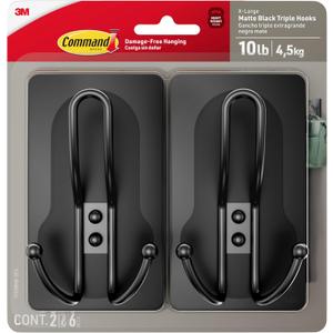 Command X-Large Matte Black Triple Hook, 2 Hooks, 6 Strips, Damage-Free Hanging with Adhesive Strips, No Tools Wall Hook for Hanging Decorations in Living Spaces