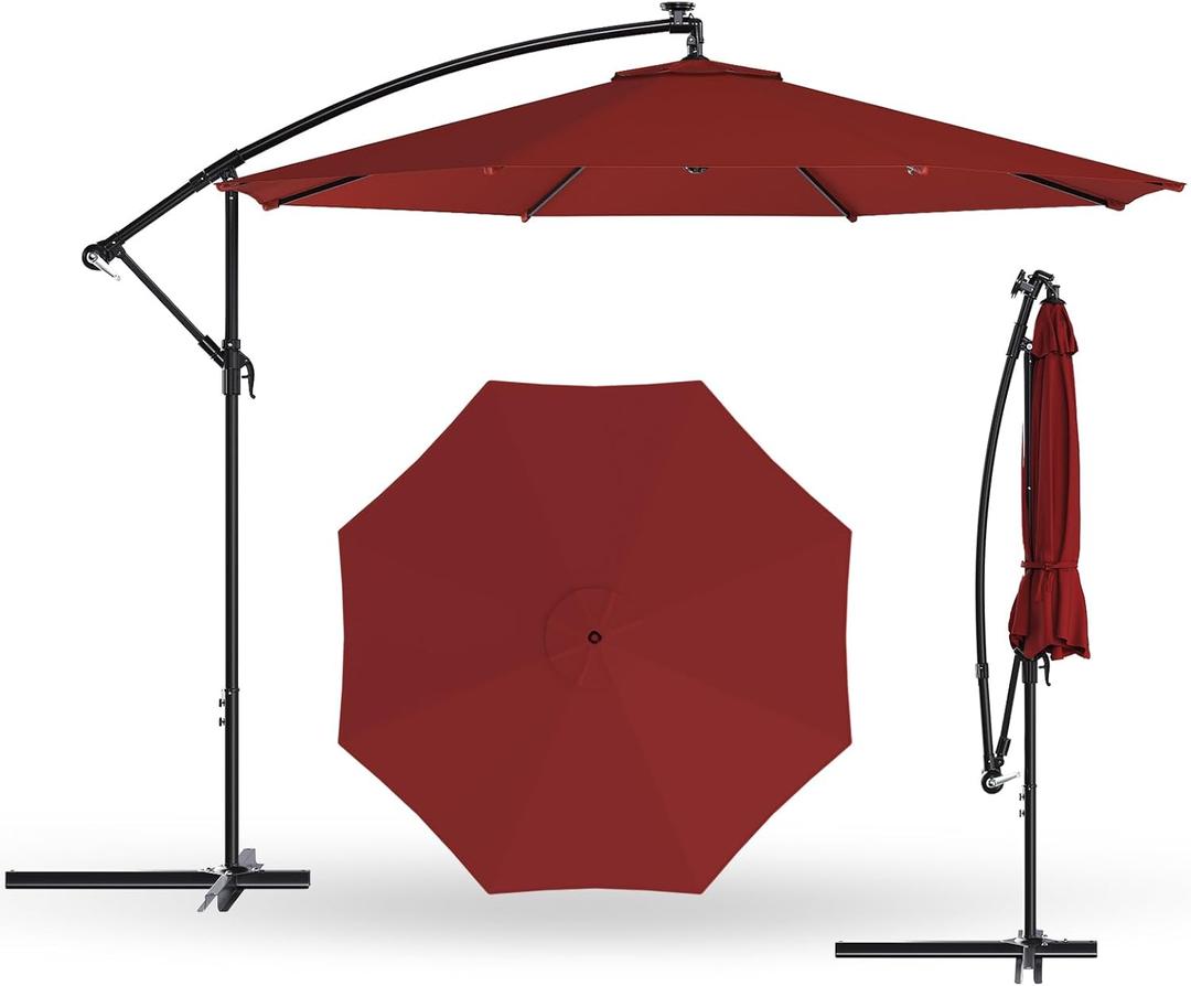 10FT Offset Patio Umbrella Hanging Cantilever Umbrella Outdoor Sun Shade with Wind Vent & Adjustment 0-45 Tilt, 8 Ribs, UV-Blocking Polyester Outdoor Umbrella for Backyard, Lawn, Garden & Pool, Red