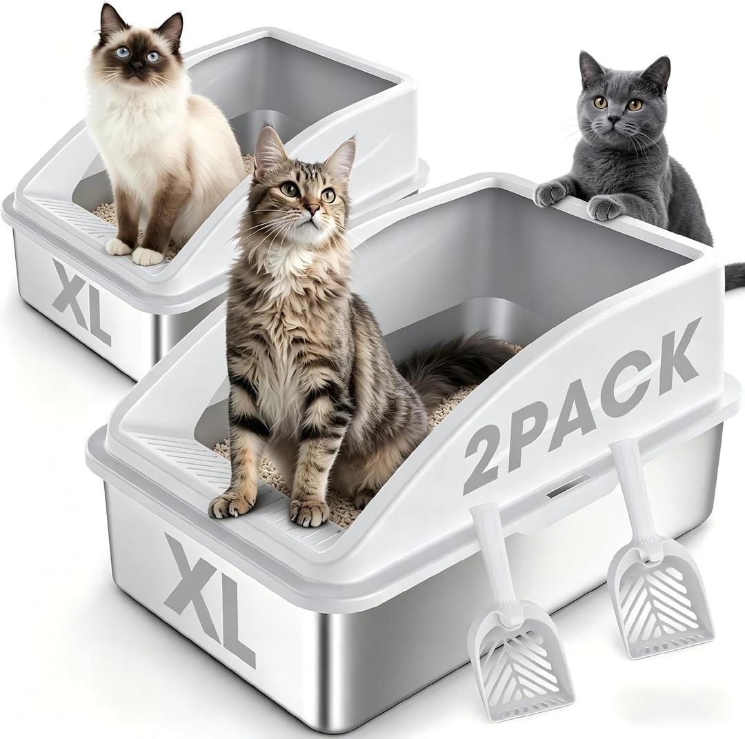 2 Pack Stainless Steel Litter Box | XL Enclosed Cat Litter Boxes with Lid for Big Cats and Multi-Cats | High Sided, Anti-Urine Leakage | Non-Stick BottomIvory White