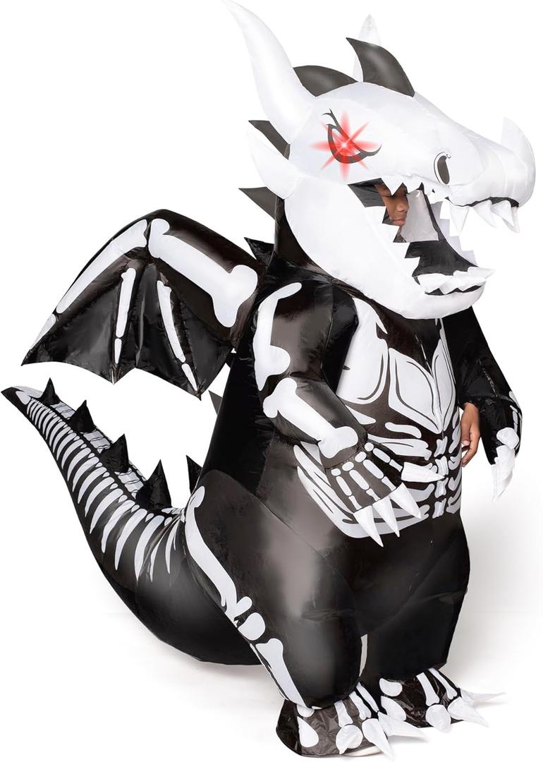 Spooktacular Creations Inflatable Costume for Kids, LED Light Eyes Dragon Skeleton Air Blow Up Costume, 3D Horns Wings for Halloween Parties (3ft11 - 4ft7)