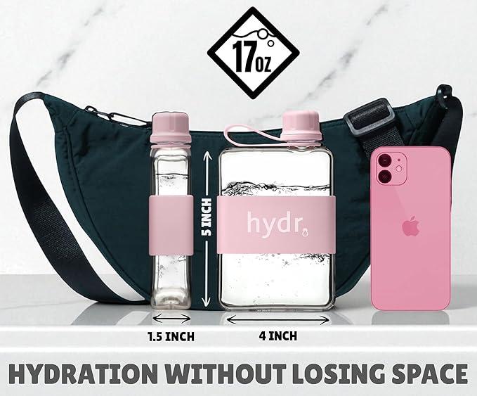 hydr | 17oz Flat Water Bottle For Purse & Flexible Cleaning Brush | Tritan BPA Free Square Water Bottle | Leak/Drop Proof Slim Water Bottles For Travel, small water bottles mini