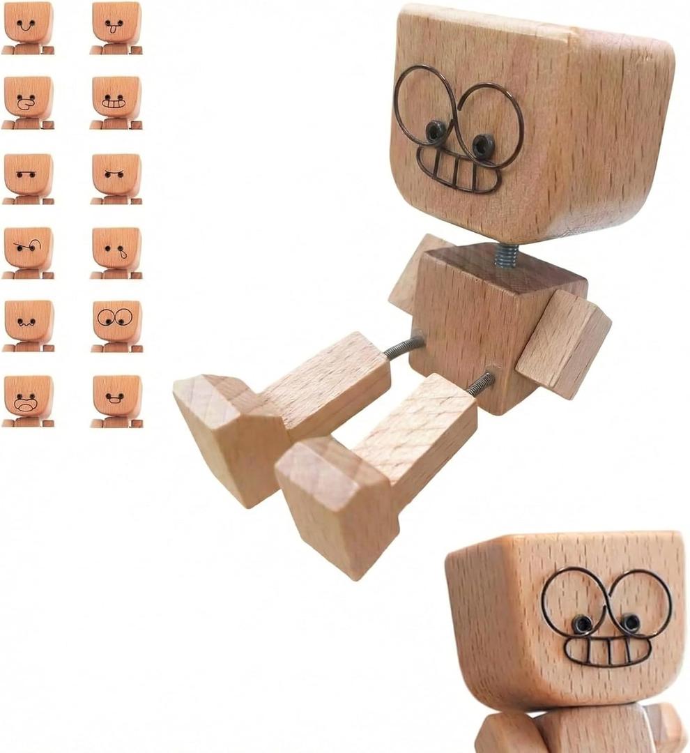 Shaking Wooden Man Figurine - Shaking Feet Wooden Doll for Car Dashboard Decorations, with 12PCS Magnetic Expressions, Funny Handmade Desk Decor for Office Home, Creative Wood Gift Idea