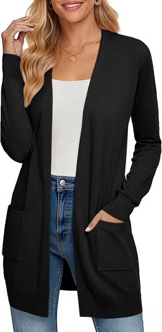 GRACE KARIN Women Lightweight Cardigan Sweaters with Pocket Long Sleeve Shrugs (Medium, Black)