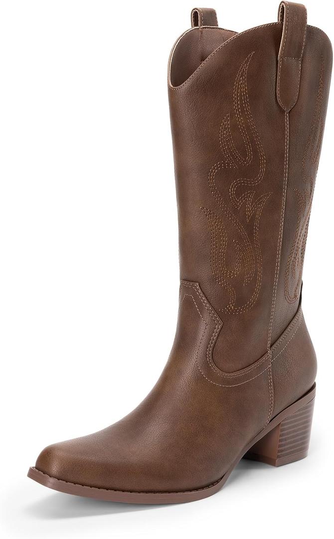 DREAM PAIRS Women's Square Toe Cowboy Cowgirl Boots Embroidered Mid Calf Western Boots Fashion Dress Low Chunky Heel Boots for Theme Party Country Concert (7, Brown-pu)