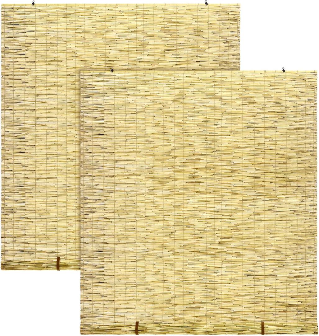 DoubleFill 2 Pcs Bamboo Shades Outdoor Reed Roll up Blinds 48" W x 72" H Blackout Sunshade Cordless Bamboo Blinds for Home Porch, Patio & Windows Decor Shutters Sunlight Privacy Screen(Natural)