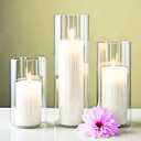 Elegant Ivory White Pillar Candles with Clear Ribbed Glass Holders 24 pcs (12 Unscented Candles+12 Candle Hoders) Perfect for Weddings, Parties, Events, and Home DecorLong-Lasting Burn