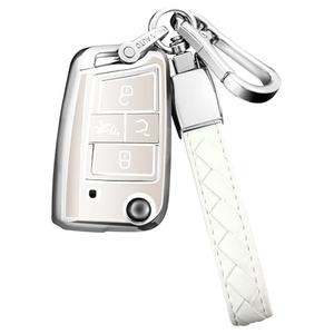 Sindeda for Volkswagen Key Fob Cover with Keychain Soft Full Protection Key Shell Key Case Compatible with VW Tiguan Golf Jetta Polo Atlas Skoda (White)