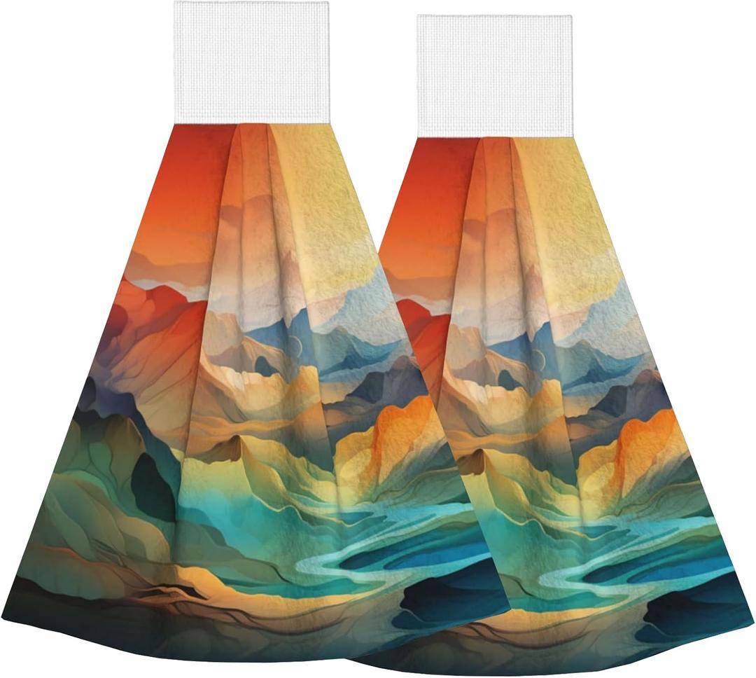 Hanging Kitchen Towels with Loop Set of 2 Boho Colored Mountains Drying Hand Tie Towel Soft Vintage Dish Cloth Tea Towels for Bathroom Farmhouse Home Decor