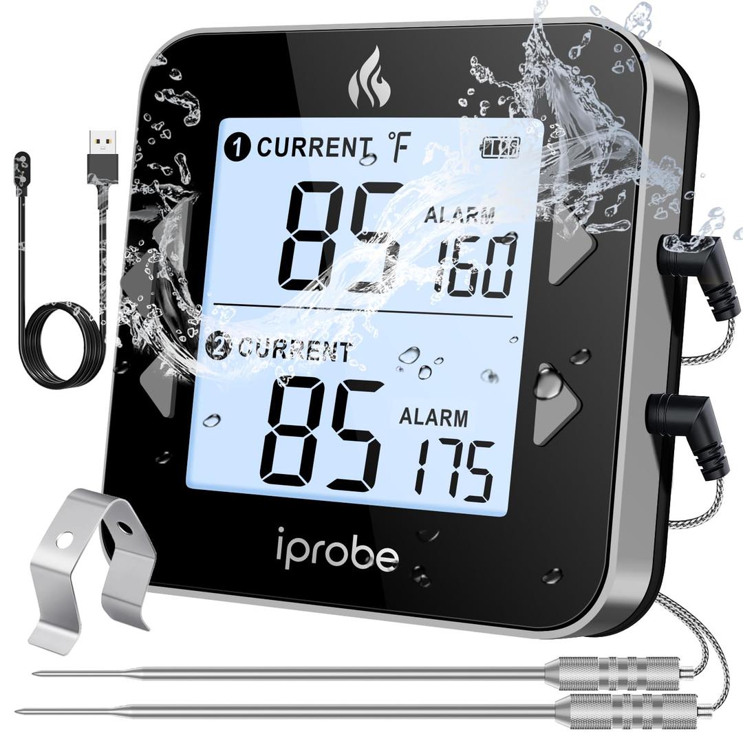 Dual Probe Rechargeable & Waterproof Digital Meat Thermometer for Food - Large LCD Backlight Cooking Thermometer for Kitchen Smoker Oven Grill BBQ Candy (Black & Gray)