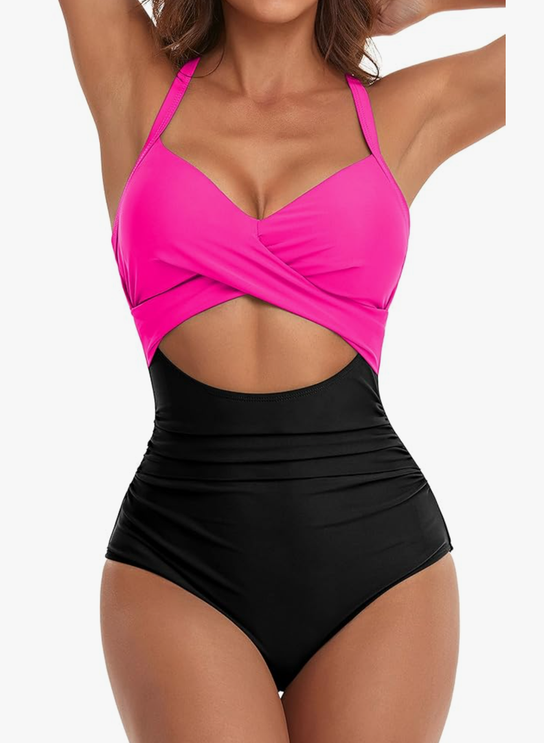 Eomenie Women's One Piece Swimsuits Tummy Control Cutout High Waisted Bathing Suit Wrap Tie Back 1 Piece Swimsuit(Size L)