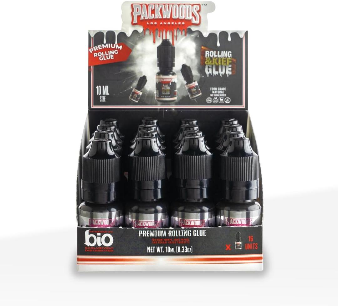 BIO Rolling Glue & Kief Catcher Display - 16-Pack of 10 mL Flavorless Vegan Rolling Adhesive Bottles - Food-Grade, Non-GMO, Mess-Free Dropper Design for Clean, Secure Wraps.
