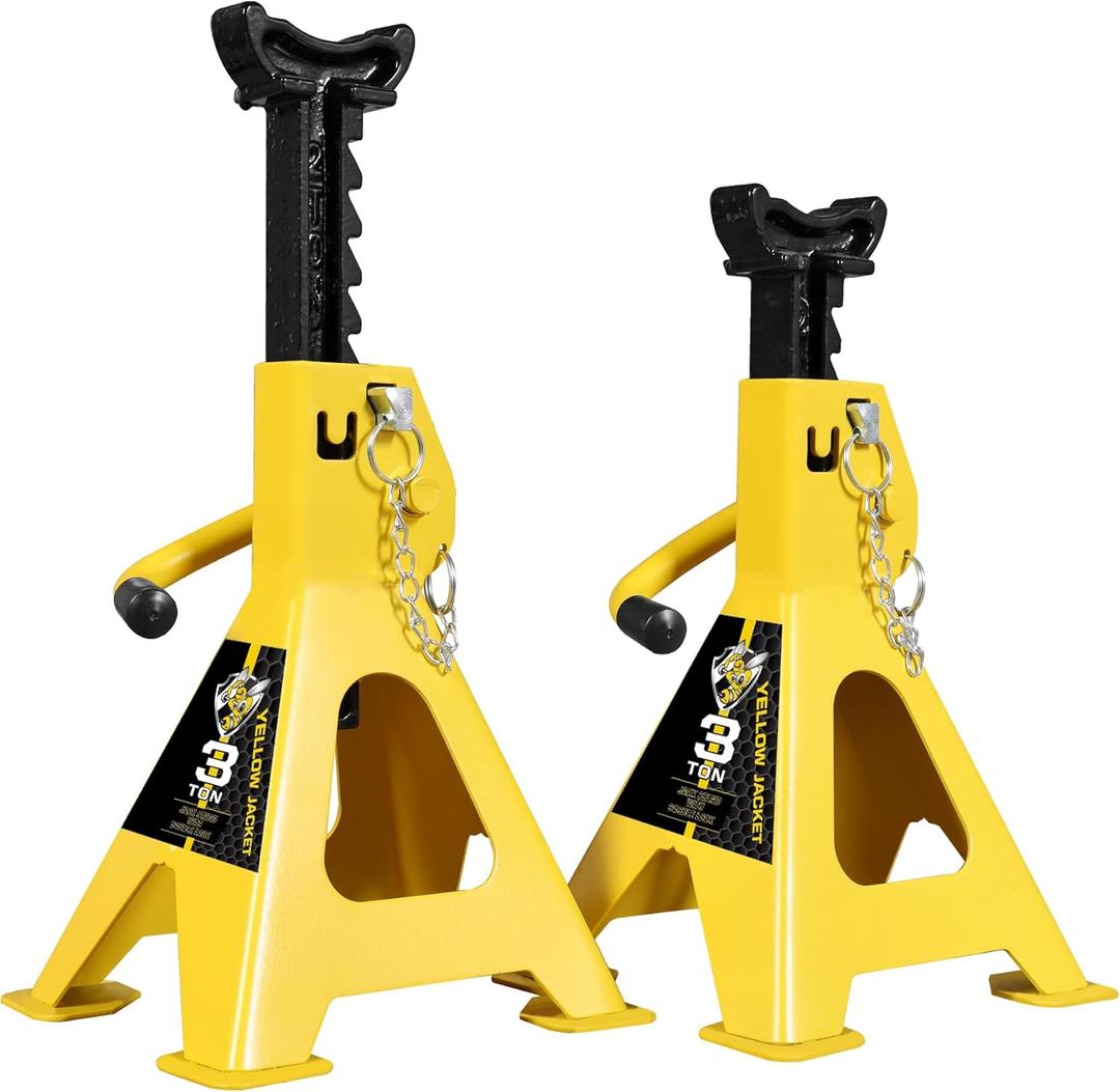 YELLOW JACKET Car Jack Stands 3 Ton with Double Locking and Large Foot Base for Lifting SUVS, Heavy Duty Steel, 6600 lb Capacity, 1 Pair, Yellow (3 ton double locking and upgraded base)