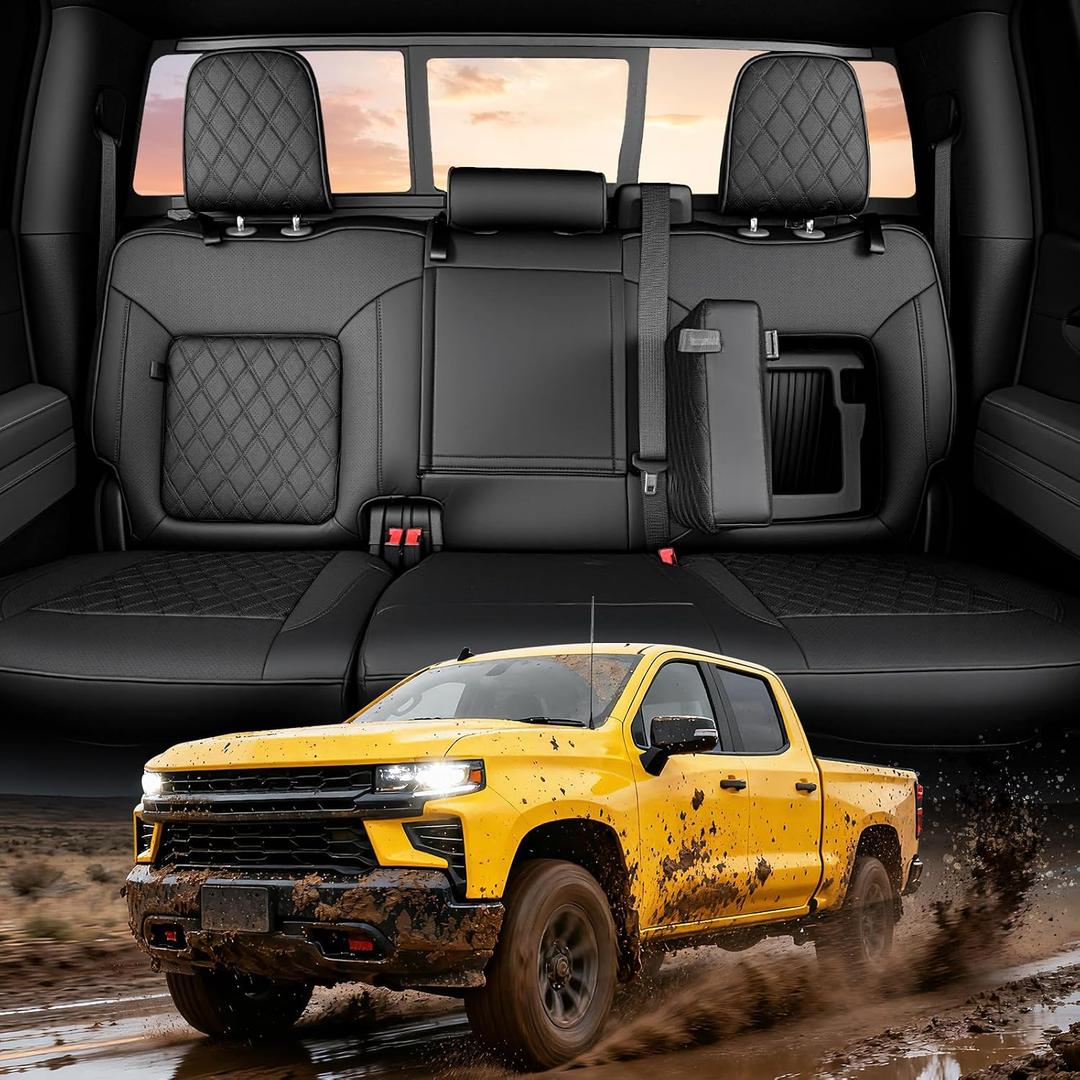 TAPTES Car Seat Covers Custom Fit for Chevy Silverado & for GMC Sierra 1500 with Rear Seat Storage Box 2025 2024 2023 2022 2021 2020 2019, Full Set Leather Waterproof Trucks Pickup (Dark Black)