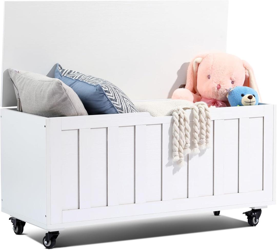 HYZ Storage Chest, 39.4'' Wooden Storage Bench with 4 Wheels & 2 Safety Hinges, Retro Toy Box Support 300 lbs for Bedroom, Living Room, Easy Assembly, White