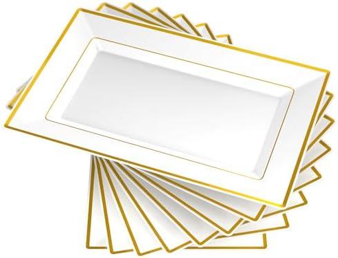 FOCUSLINE 6 PCS Plastic Serving Trays, White and Gold Rim Plastic Serving Platters, Disposable Tray for Food, Perfect for Wedding Parties
