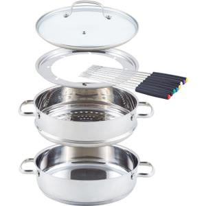Nuwave 18/8 Stainless Steel Ultimate Cookware Set, Free of PTFE, PFOA, PFOS, Fondue Pot Set, Works On ALL Cooktops and Induction Cookers, Steamer Basket, Glass Lid & 8 Fondue Forks Included 