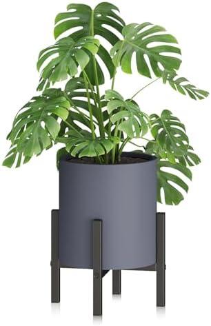 HTZON 8 Inch Gray Cylinder Plant Pots with Heavy Duty Stand,Durable Planters for Flowers,Large Plant Pot for Indoor and Outdoor, Decorative Modern Flower Pots with Drainage Hole