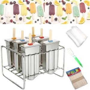 Set of 6 Stainless Steel Popsicle Molds Kit, Metal Popsicle Moulds, Homemade Ice Treat Makerwith 50 Wooden Sticks and 6 Silicone Seals and 20 Pop Bags, Cleaning Brush（semi-circular）