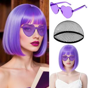 MEEZY Light Purple Short Bob Wigs Straight Hair with Flat Bangs Heart Sunglasses for Women, Colorful Funny Cosplay Daily Party Neon Wig Synthetic Natural As Real Hair Carnival Halloween Costume