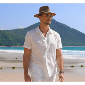 COOFANDY Men 2 Piece Linen Outfit Beach Button Down Shirt Casual Loose Pant Sets Size M