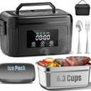 Heated Lunch Box, 6.3-Cup Cordless Electric Lunch Box for Adults, Battery Powered Food Warmer with Scheduled Heating Timer and Removable Ice Pack, Portable for Work, Office, and Outdoor (Black)