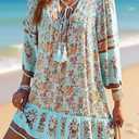 Womens Boho Mini Dress V Neck Flowy Loose Beach Dress Casual Holiday Style 3/4 Sleeve Summer Outfit Blue Large