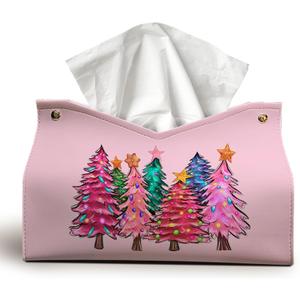 Pink Christmas Tissue Box Cover Rectangle, Merry Christmas Trees Tissue Box Holder, Winter Holiday PU Leather Tissue Covers Decorative for Home Office Kitchen Xmas Gifts for Women Girls 9.8x5.9x5.9