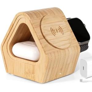 Bamboo Wireless Charging Station: 3-in-1 Charger Stand with Bamboo Cabin Style for Apple, iPhone 16, 15, 14, 13, 12 Series, Watch 10-2, Ultra, and AirPods 4-2, Pro, 23W MagSafe Fast Wireless Charger