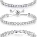 3 Pcs Tennis Bracelet Set White Gold Plated 5mm Round Cubic Zirconia CZ Diamond Dainty Adjustable Rhinestone Sterling Silver Bracelets for Women Stackable Fashion Wedding Prom Gift (3PCS Silver Bracelets Set-A)