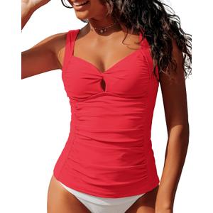 GRAPENT Tankini Tops for Women Twist Front Keyhole Bathing Suits Swim Tankini Swimsuits Padded Ruched Swimwear Top Only (Large, Red)