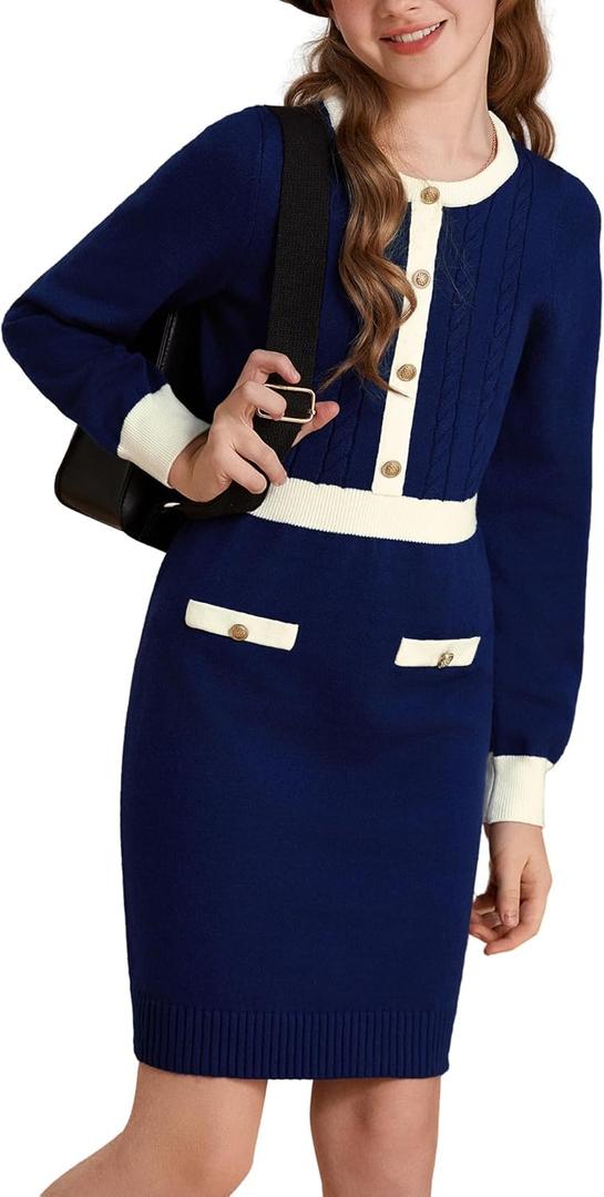 GRACE KARIN Girls Fall Long Sleeve Dresses Girl Bodycon Sweater Dress Winter Holiday Dress for Kids Size 6-14 (Blue)
