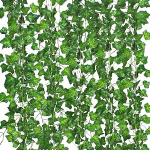 12 Pack Fake Vines for Room Decor Artificial Ivy Garland with Clip Green Flowers Hanging Plants Faux Greenery Leaves Bedroom Aesthetic Decor for Home Garden Wall Wedding (84FT)