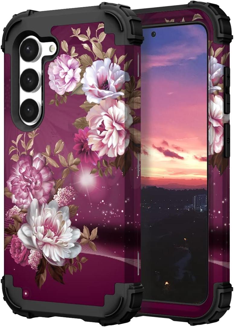 Hocase for Galaxy S23 Case, Shockproof Heavy Duty Protection Soft Silicone Rubber Bumper+Hard Plastic Hybrid Protective Case for Samsung Galaxy S23 (6.1" Display) 2023 - Royal Purple Flowers