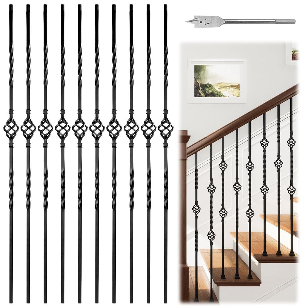 Muzata 10Pack Wrought Iron Balusters 44'' Single Basket Stair Metal Balusters Deck Spindles Hollow Spiral Spindles Decorative Stair Parts Black WT04