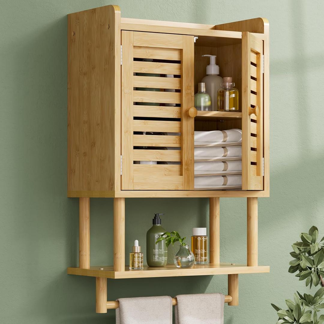 AmazerBath Bathroom Wall Cabinet, Bamboo Over The Toilet Storage Cabinet, Hanging Medicine Cabinets with Towel Bar, Wall Mounted Storage Shelf with Adjustable Shelves for Small Spaces (16.5" W x 26.6" H, Natural With Striped Door)